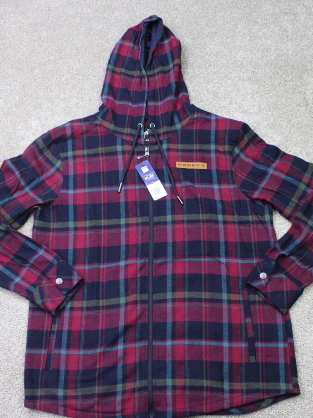 Ford Bronco Shacket NWT Mens Large Purple/Black Plaid Flannel Hooded Full Zip